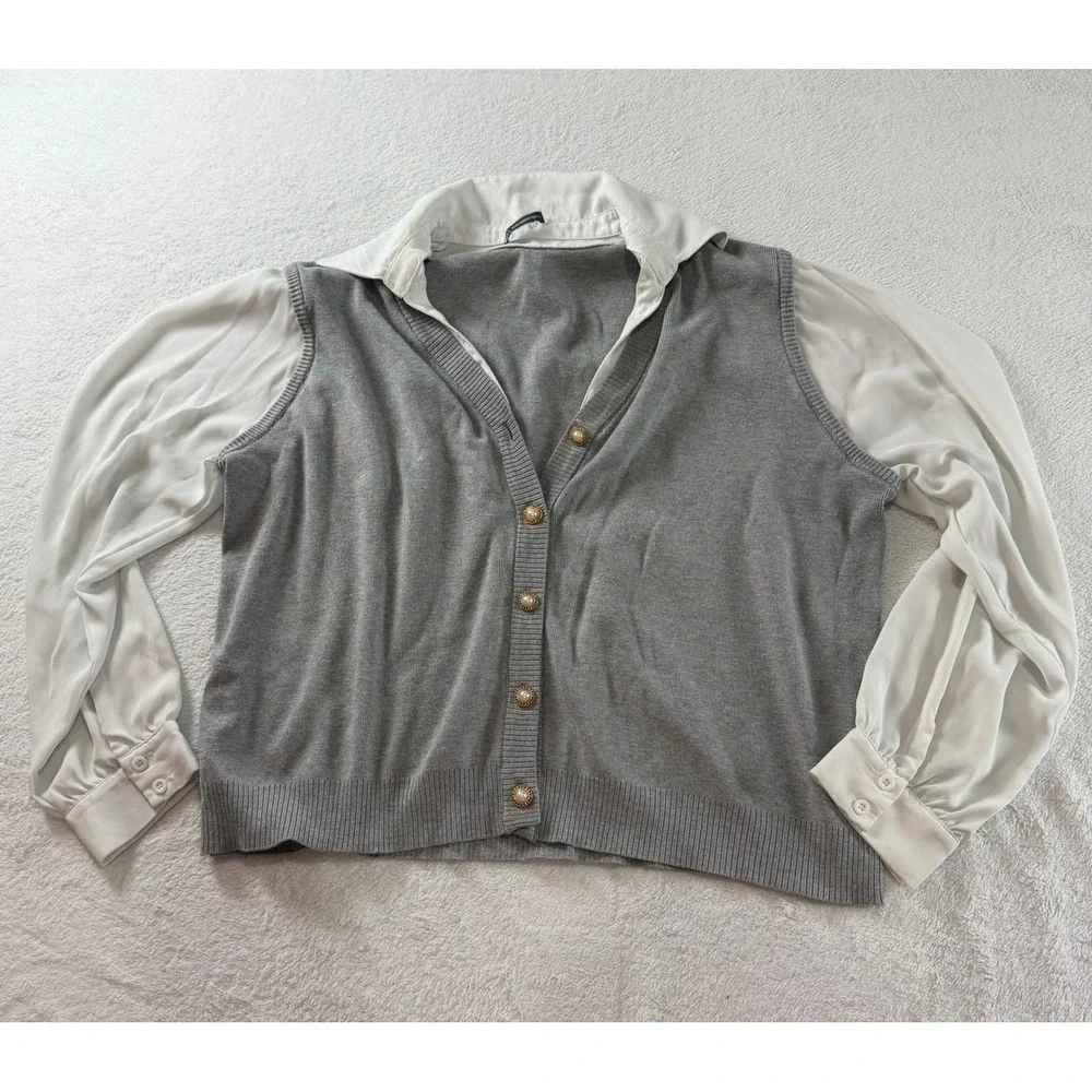 Adrianna Papell Mixed Media Cardigan Grey Knit White Chiffon Sleeve Pearl Button